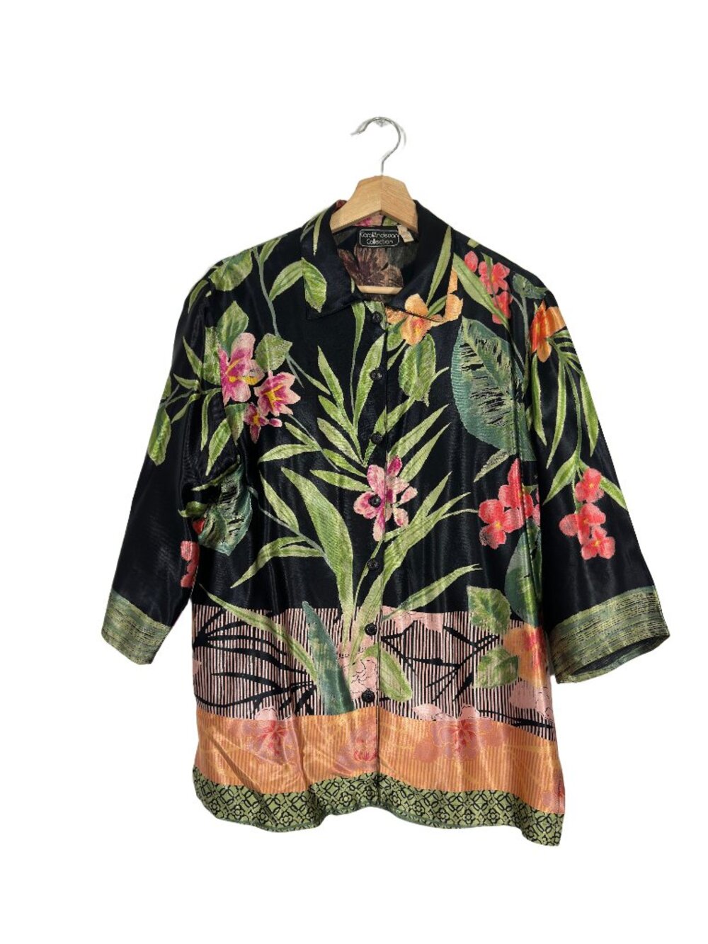 Carol Anderson Tropical Top Floral Blouse Large Resort Casual Vacation VTG Shiny